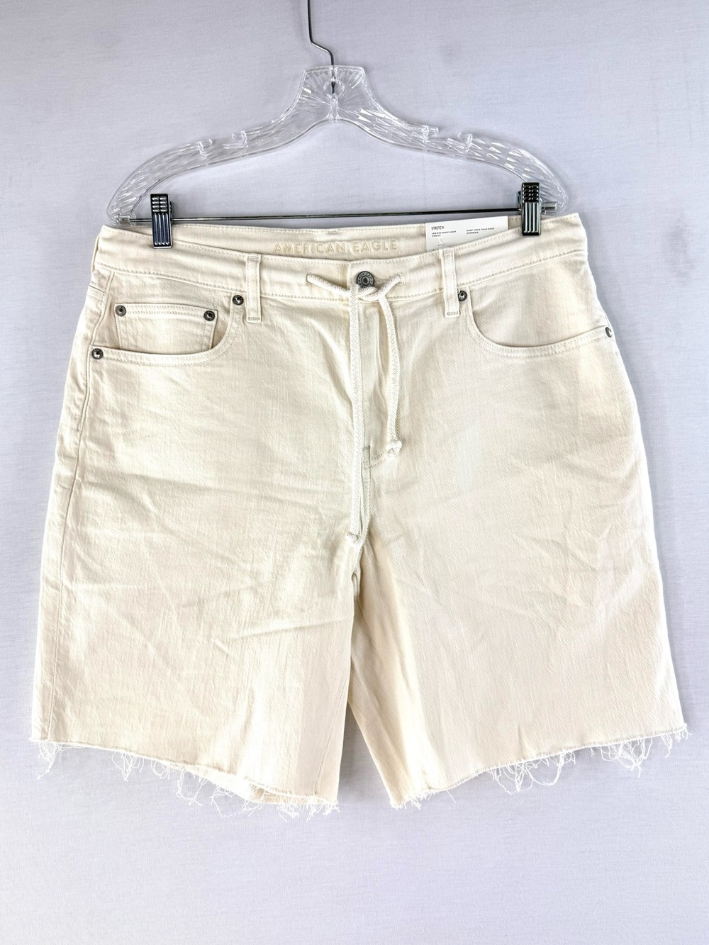 American Eagle Outfitters Cream Low-Rise Baggy Stretch Denim Drawstring Shorts
